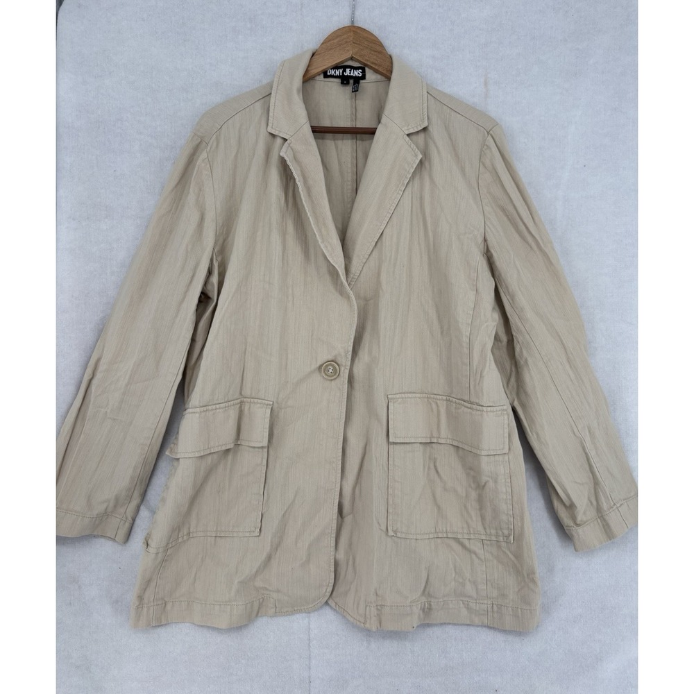 Womens DKNY Jeans Oversized Cotton Twill Blazer Jacket Med Khaki Neutral